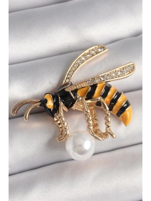 Pirinç Gold Renk Zirkon Taş Detaylı Arı Model Kadın Broş