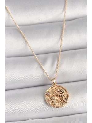 Pirinç Gold Renk Zirkon Taş Detaylı Gül İşleme Madalyon Model Kadın Kolye