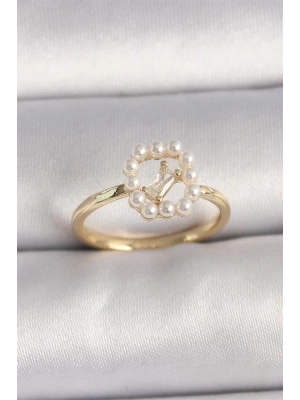 Pirinç Gold Renk Zirkon Taş Detaylı İncili Ayarlanabilir Yüzük