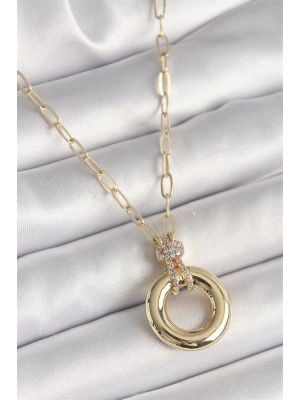 Pirinç Gold Renk Zirkon Taş Detaylı Madalyon Model Kadın Kolye