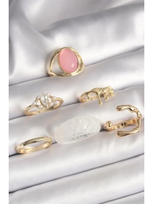 Pirinç Gold Renk Zirkon Taş Detaylı Pembe Mineli 6Lı Kadın Yüzük Seti