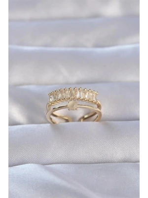 Pirinç Gold Renk Zirkon Taşlı Baget Su Yolu Model Ayarlanabilir Yüzük