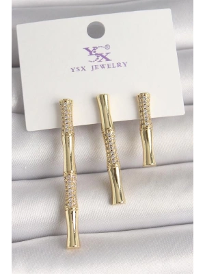 Pirinç Gold Renk Zirkon Taşlı Bambu Model 3Lü Kadın Kombin Küpe