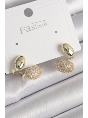 Pirinç Gold Renk Zirkon Taşlı Bombeli Model Kadın Küpe