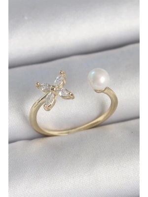 Pirinç Gold Renk Zirkon Taşlı Çiçek Model İnci Detay Ayarlanabilir Kadın Yüzük