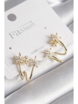 Pirinç Gold Renk Zirkon Taşlı Çiçek Model Kadın Küpe