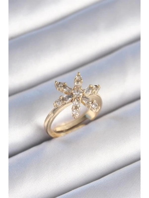Pirinç Gold Renk Zirkon Taşlı Çiçek Model Kadın Yüzük