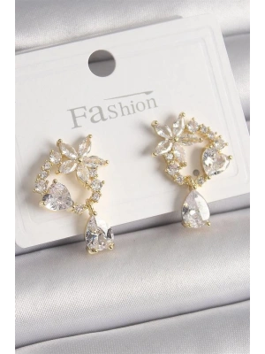 Pirinç Gold Renk Zirkon Taşlı Çiçek Model Sallantı Damla Detay Kadın Küpe