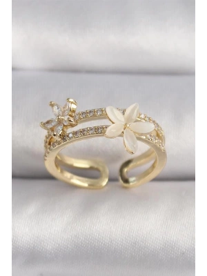 Pirinç Gold Renk Zirkon Taşlı Çiçek Model VIP Seri Kadın Yüzük
