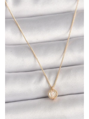 Pirinç Gold Renk Zirkon Taşlı Daire Kafes Model Kadın Kolye