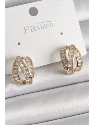 Pirinç Gold Renk Zirkon Taşlı Düğüm Halka Model Kadın Küpe