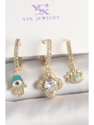 Pirinç Gold Renk Zirkon Taşlı Fatma Ana El Yonca Figür Göz Detay 3Lü Kadın Kombin Küpe