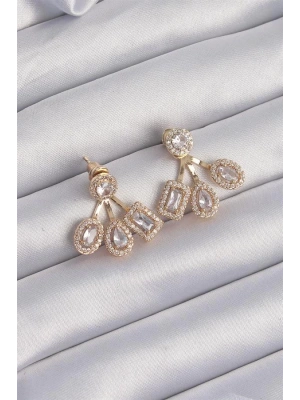 Pirinç Gold Renk Zirkon Taşlı Geometrik Model Küpe