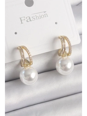 Pirinç Gold Renk Zirkon Taşlı Halka İncili Kadın Küpe