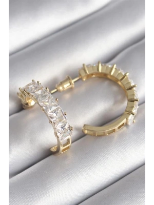 Pirinç Gold Renk Zirkon Taşlı Halka Model Kadın Küpe