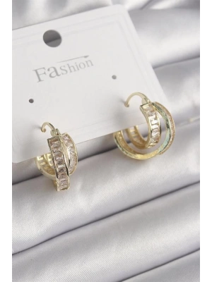 Pirinç Gold Renk Zirkon Taşlı Halka Model Kadın Küpe