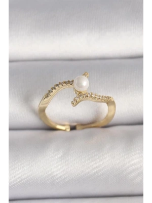 Pirinç Gold Renk Zirkon Taşlı İncili Ayarlanabilir Yüzük