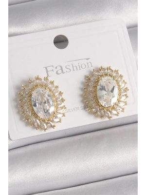 Pirinç Gold Renk Zirkon Taşlı Kadın Küpe