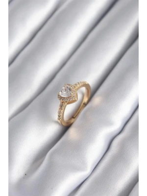 Pirinç Gold Renk Zirkon Taşlı Kalp Charm Model Kadın Yüzük