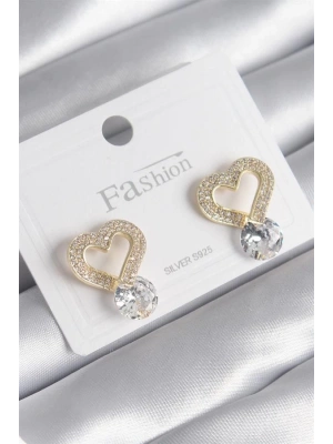 Pirinç Gold Renk Zirkon Taşlı Kalp Model Damla Zirkon Taş Detay Kadın Küpe