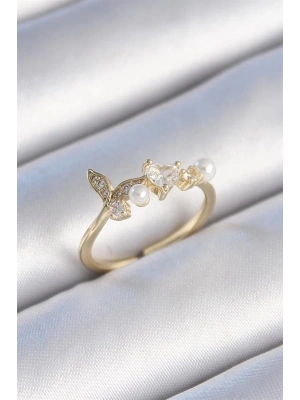 Pirinç Gold Renk Zirkon Taşlı Kalp Yaprak Model İnci Detay Kadın Yüzük