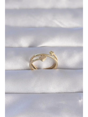 Pirinç Gold Renk Zirkon Taşlı Kalpli Model Ayarlanabilir Yüzük