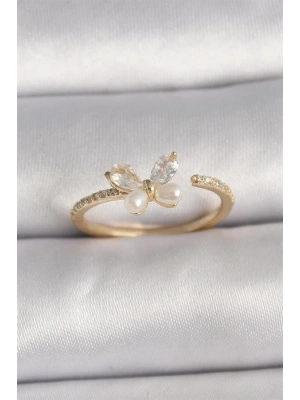 Pirinç Gold Renk Zirkon Taşlı Kelebek Mode İnci Detay Ayarlanabilir Yüzük