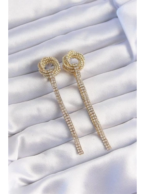 Pirinç Gold Renk Zirkon Taşlı Kıvrım Detay Sallantılı Küpe
