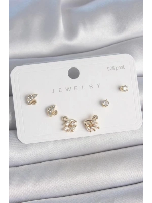 Pirinç Gold Renk Zirkon Taşlı Kuğu Model 925 Ayar Gümüş Çivi Kadın Küpe Seti