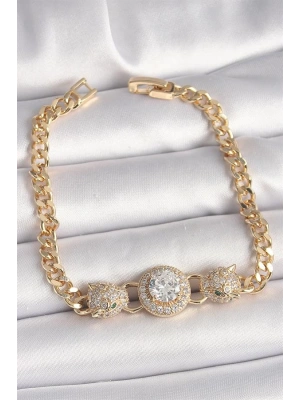 Pirinç Gold Renk Zirkon Taşlı Leopar Figür Zincir Model Kadın Bileklik