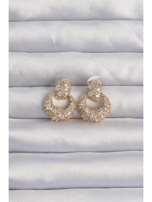 Pirinç Gold Renk Zirkon Taşlı Oval Form Küpe