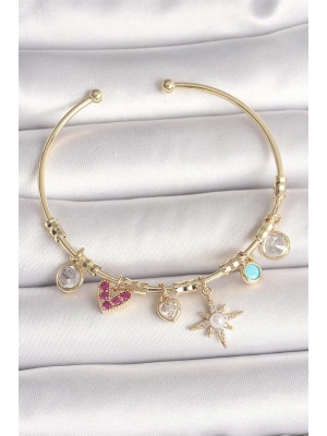 Pirinç Gold Renk Zirkon Taşlı Sallantı Kutup Yıldız Figür İnci Detay Charm Kadın Bileklik