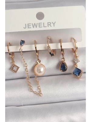 Pirinç Gold Renk Zirkon Taşlı Sallantı Zincir Detaylı Kadın Küpe Seti