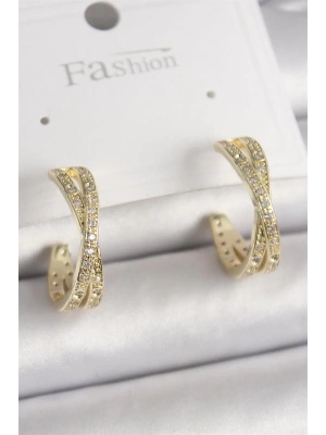 Pirinç Gold Renk Zirkon Taşlı Sarmal Halka Model Kadın Küpe