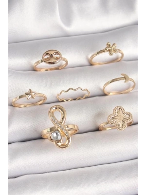 Pirinç Gold Renk Zirkon Taşlı Sonsuzluk Figür Yıldız Detay Kadın Yüzük Kombini