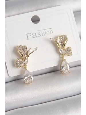 Pirinç Gold Renk Zirkon Taşlı Turna Kuşu Model Sallantı Detay Kadın Küpe