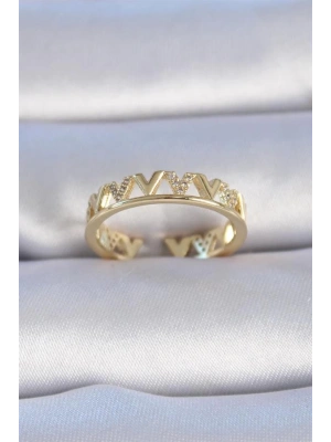 Pirinç Gold Renk Zirkon Taşlı V Model Kadın Yüzük