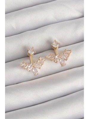 Pirinç Gold Renk Zirkon Taşlı V Model Küpe