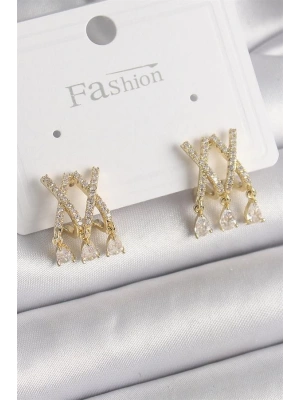 Pirinç Gold Renk Zirkon Taşlı X Model Sallantı Detay Kadın Küpe