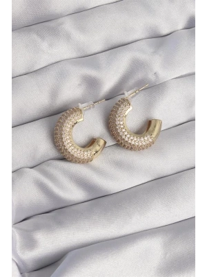 Pirinç Gold Renk Zirkon Taşlı Yarım Halka Küpe