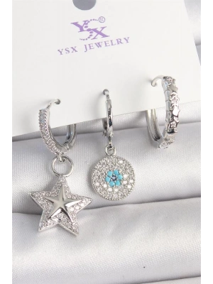 Pirinç Gold Renk Zirkon Taşlı Yıldız Model Nazar Boncuk Detay 3Lü Kadın Kombin Küpe