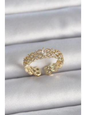 Pirinç Gold Renk Zirkon Taşlı Zikzak Ayarlanabilir Model Kadın Yüzük