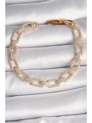 Pirinç Gold Renk Zirkon Taşlı Zincir Model VIP Seri Kadın Bileklik