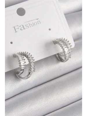 Pirinç Gümüş Renk 2Li Zirkon Taşlı Halka Model Kadın Küpe