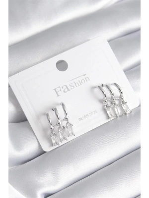 Pirinç Gümüş Renk 3lü Sallantı Zirkon Taşlı Küpe