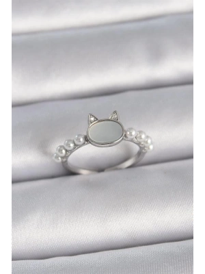 Pirinç Gümüş Renk Ayarlanabilir Beyaz Mineli Kedi Model İnci Detay Kadın Yüzük