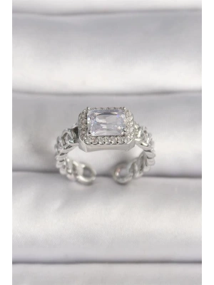 Pirinç Gümüş Renk Ayarlanabilir Zincir Kare Zirkon Taşlı Kadın Yüzük