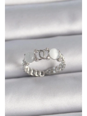 Pirinç Gümüş Renk Ayarlanabilir Zirkon Taşlı Beyaz Mineli Birleşik Halka Model Kadın Yüzük