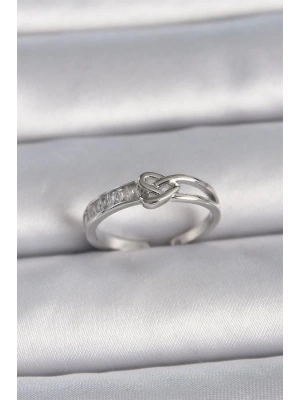 Pirinç Gümüş Renk Ayarlanabilir Zirkon Taşlı Düğüm Kalp Model Kadın Yüzük