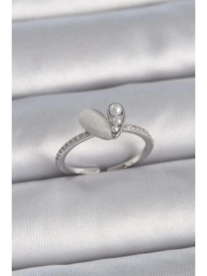 Pirinç Gümüş Renk Ayarlanabilir Zirkon Taşlı İncili Beyaz Mineli Kalp Model Kadın Yüzük